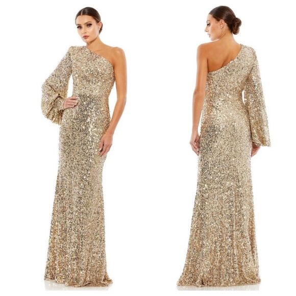 Mac Duggal 26717 Size 16 Gold Sequin Asymmetrical One Shoulder Maxi Dress Gown - Picture 3 of 7